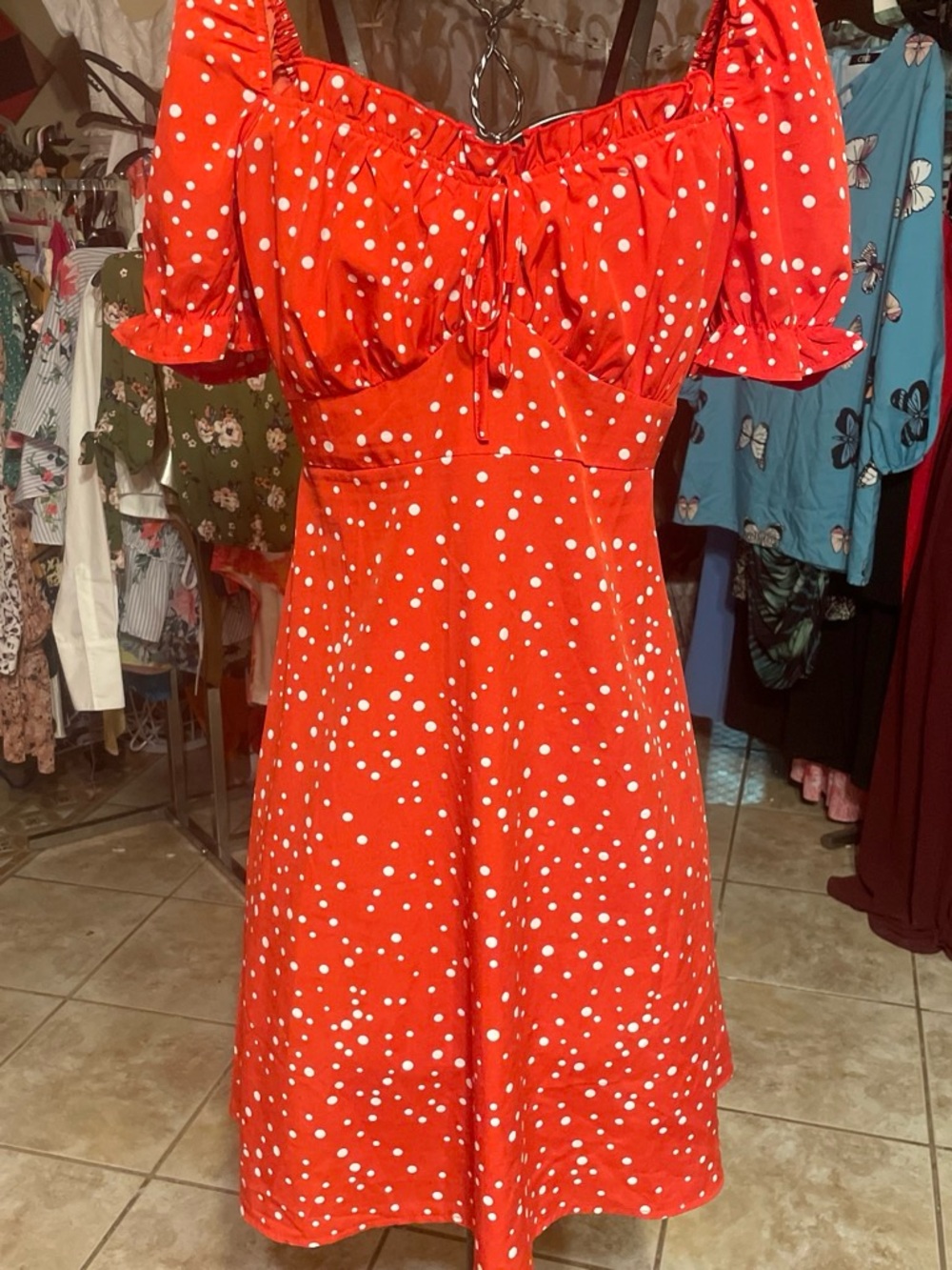 SHEIN Red White Polka Dot Puff-Sleeve Mini Dress